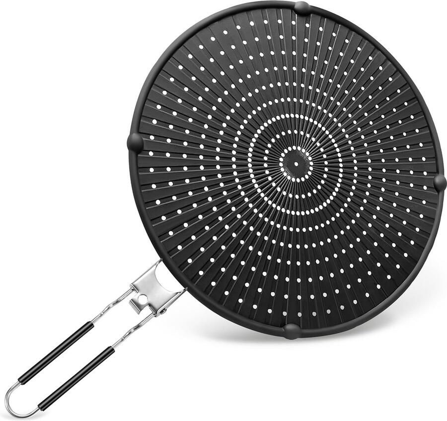 Beweeg de muis over de afbeelding om in te zoomen Siliconen spatbescherming pannen met inklapbare handgreep 32 cm multifunctionele pannenafdekking zeef universeel hittebestendig tegen hete oliespatbescherming