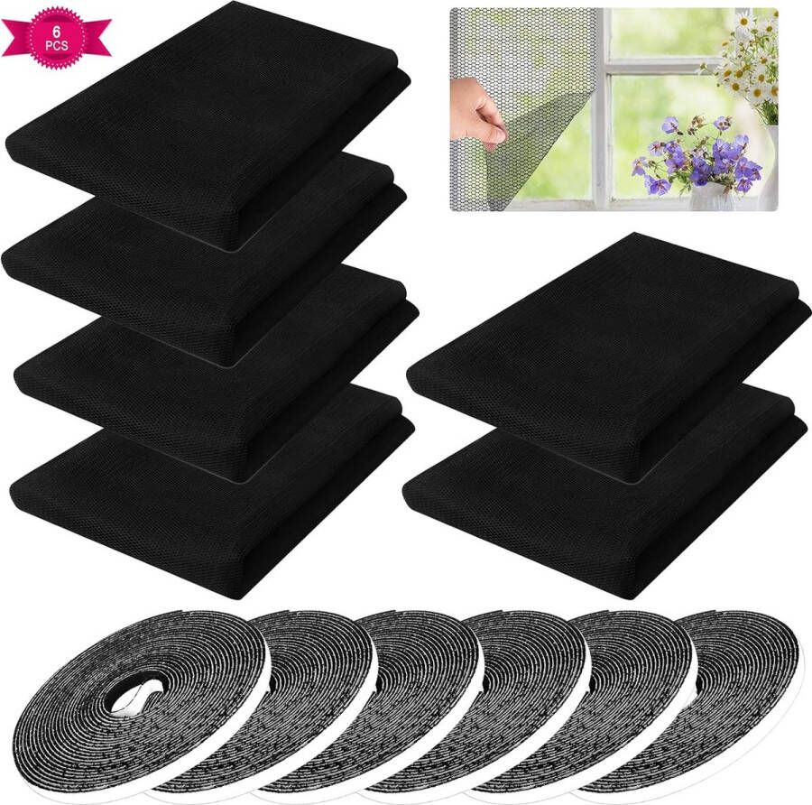 Beweeg over de afbeelding om in te zoomen 6 stuks vliegengaas voor raam zwart klamboe raam vliegengaas met 6 rollen haak plakband wasbaar raam vliegengaas gaas klamboe voor ramen (150x130cm)