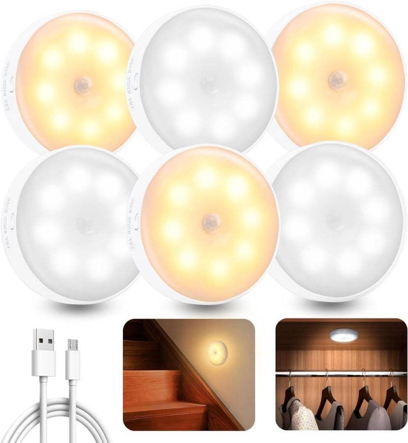 Bewegingsmelderlamp 6 stuks Binnen LED-nachtlampje oplaadbaar Draadloos verlichting voor trap hal 3 modi LED-lamp Slaapkamer kast keuken