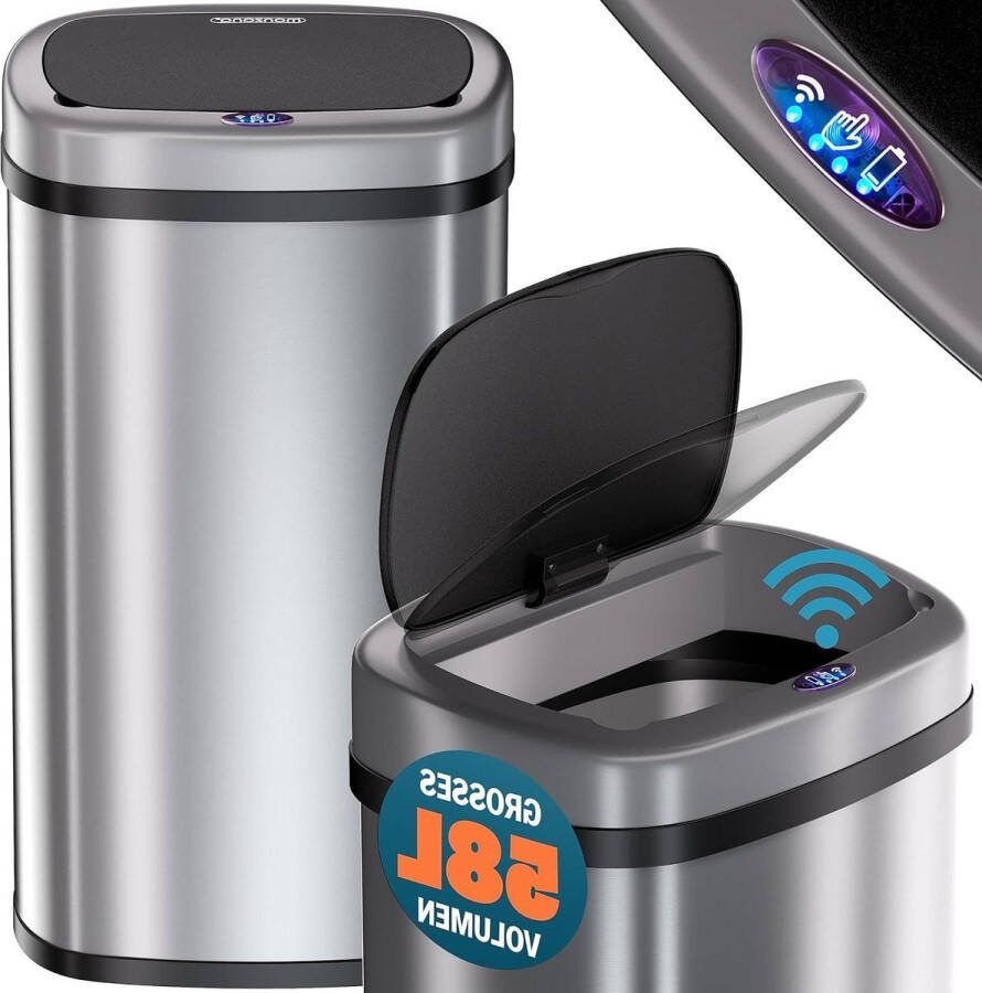 Bewegingssensor Afvalbak 58 Liter Automatisch Deksel Waterdicht Vuilnisemmer USB-kabel Zilver vuilnisbak 60 liter