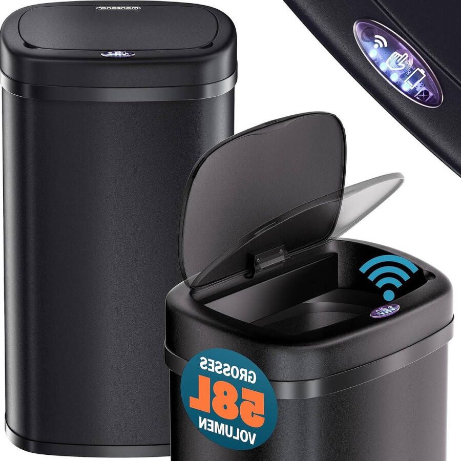 Bewegingssensor Vuilnisbak Automatisch Deksel Waterdicht 58 Liter USB-kabel Zwart vuilnisbak 60 liter