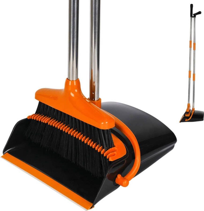 Bezem en stoffer met lange steel rechtopstaande stofferset Bezem en stoffer met handvat met getande kam voor keuken thuiskantoor vloerreiniging zwart oranje
