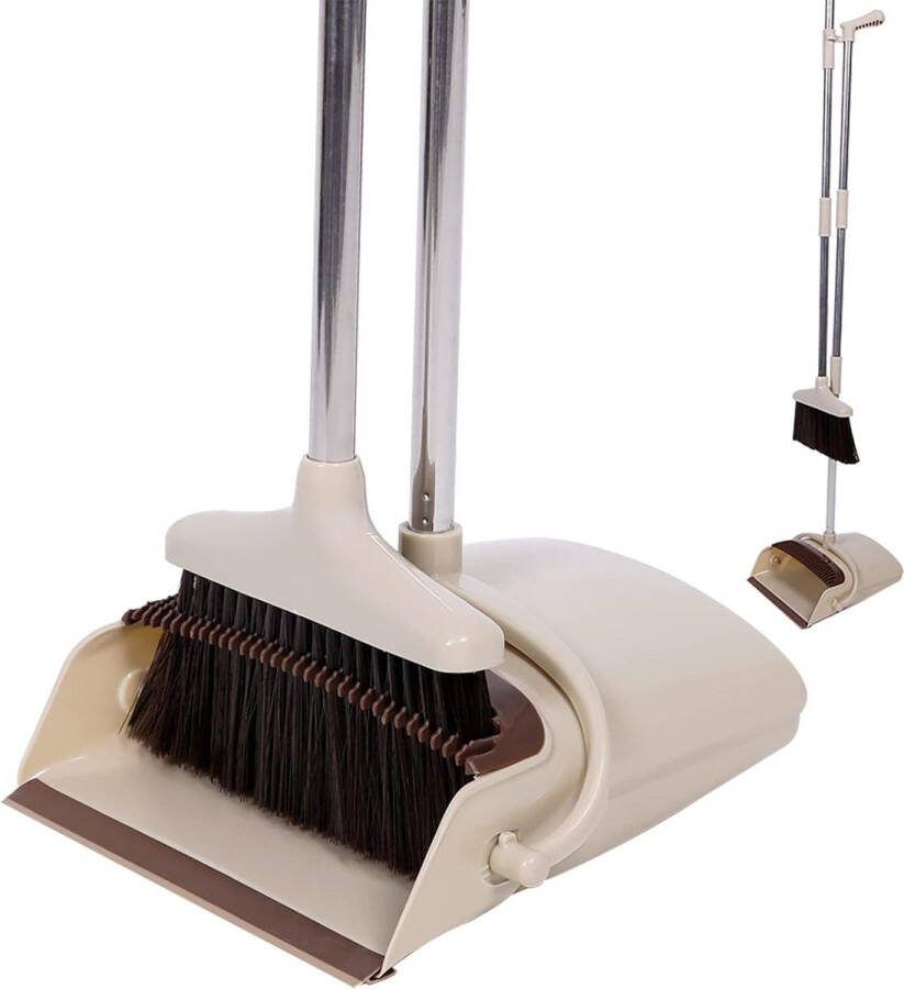 Bezem en veegschep set met lange steel rechtopstaande bezem en veegschep set met handvat met tandkam voor keuken thuis kantoor vloerreiniging kaki