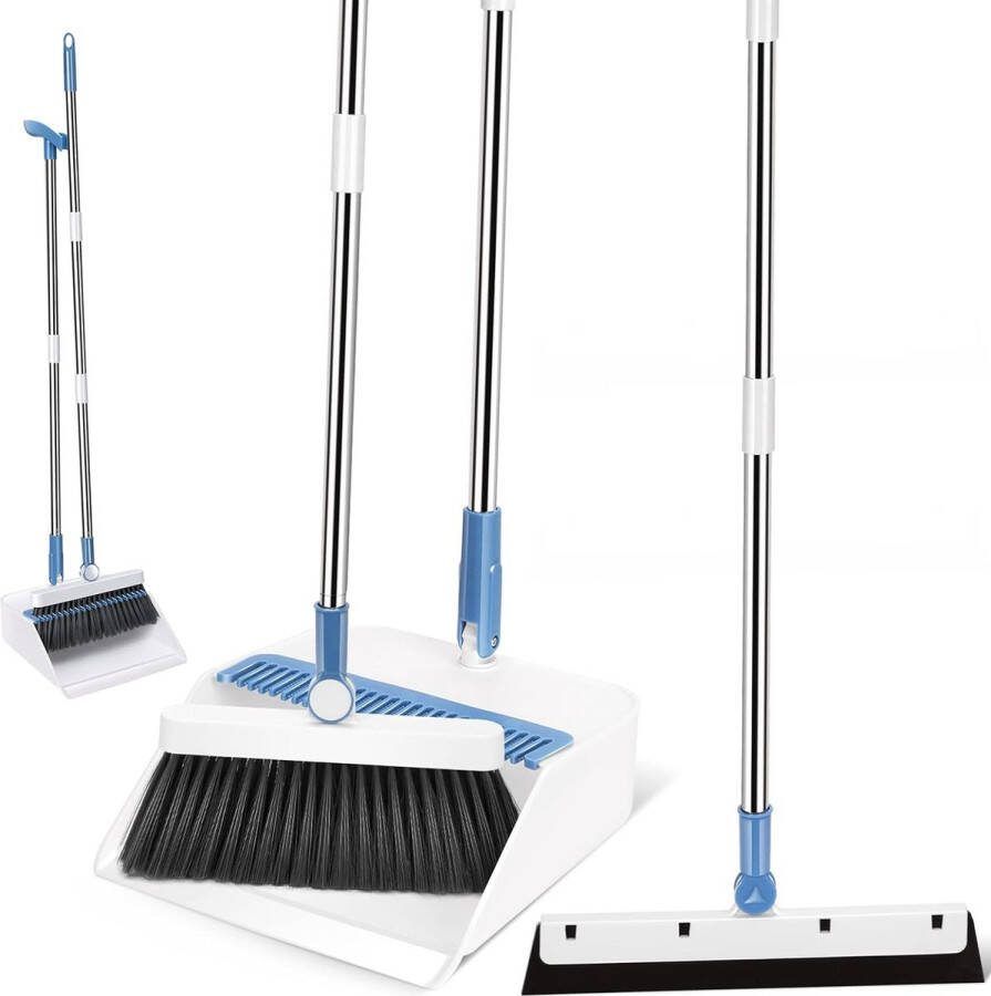 Bezem en veegschep set met vloertrekker rechtop veegschep en 180° draaibare bezemkop 3-in-1 veegset met lange steel voor keuken thuis kantoor vloerreiniging