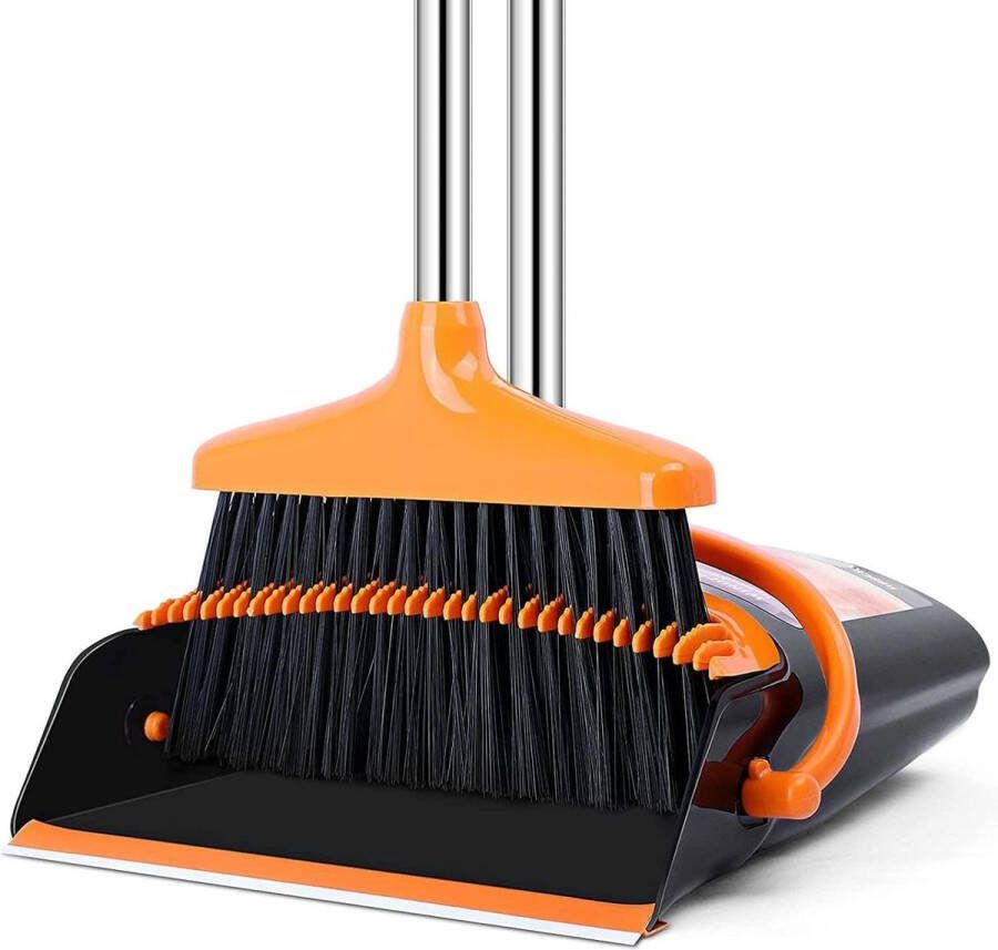Bezem- en veegschep set veegmachine en veegschep combo met 137 cm lange handgreep voor afneembare en inklapbare bezem voor vloerreiniging in keuken huishouden (oranje)