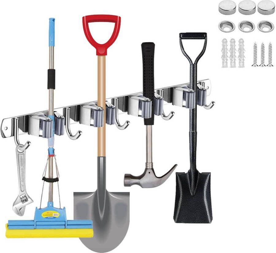 Bezemhouder Mophouder Wandbezemhouder Zelfklevende mophouder RVS gereedschapshouder met 4 houders 5 haken voor keuken badkamer garage tuin kantoor