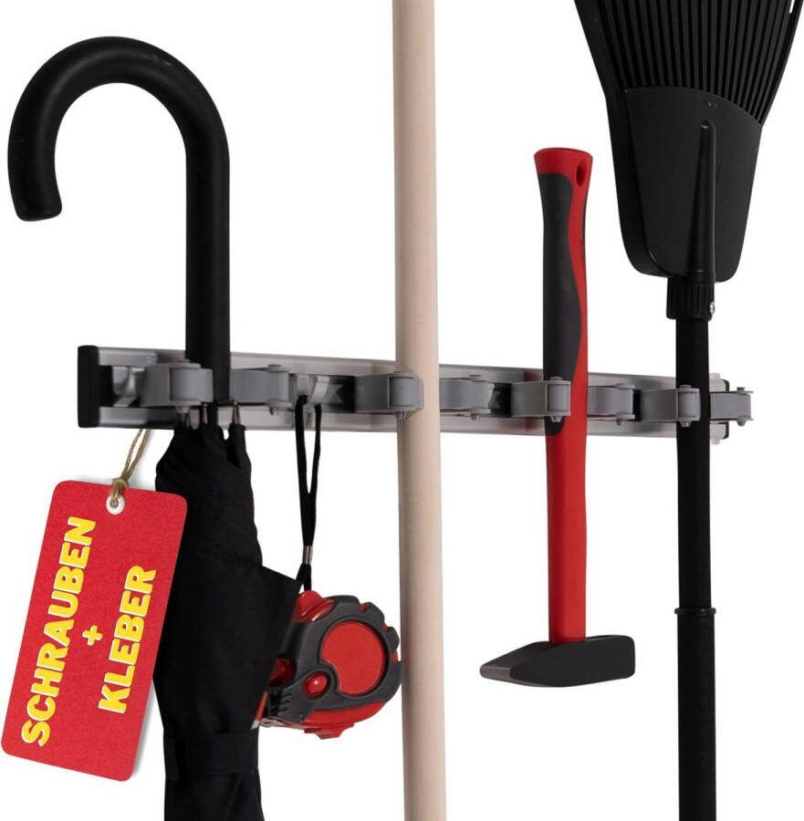 Bezemhouder muur met 4 houders & 5 haken gereedschapshouder wandhouder klaar voor montage zelfklevende gereedschapshouder met 5 kg of 7 kg draagkracht voor binnen en buiten