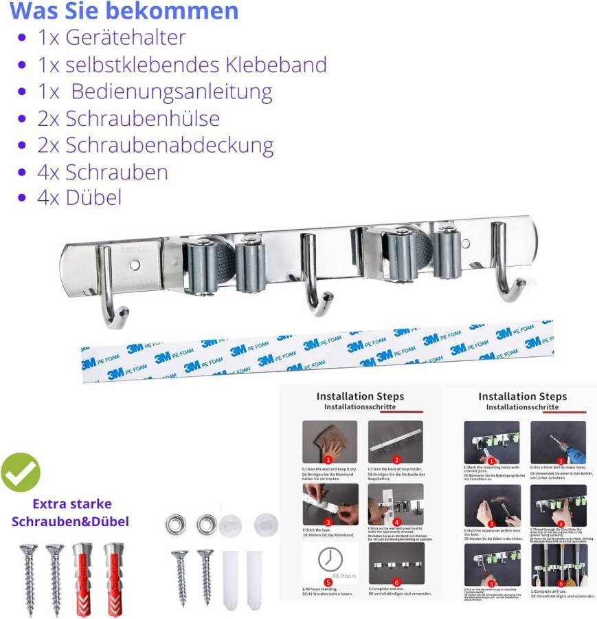 Bezemhouder muur robuuste apparaathouder roestvrij staal met 2 houders en 3 haken (27 cm) roestbestendig gereedschapshouder Organizer Zelfklevend tuingereedschaphouder en bezemhouder