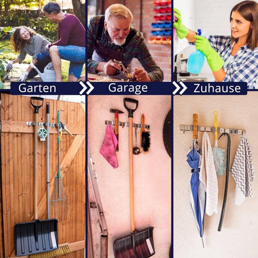 Bezemhouder muur robuuste apparaathouder roestvrij staal met 3 houders en 4 haken (38 cm) roestbestendig gereedschapshouder Organizer Zelfklevend tuingereedschaphouder en bezemhouder