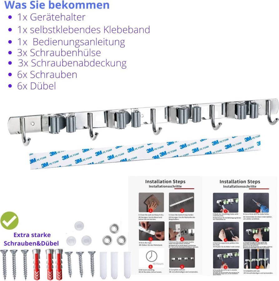 Bezemhouder muur robuuste apparaathouder roestvrij staal met 4 houders en 5 haken (49 cm) roestbestendig gereedschapshouder organizer zelfklevend tuingereedschaphouder en bezemhouder