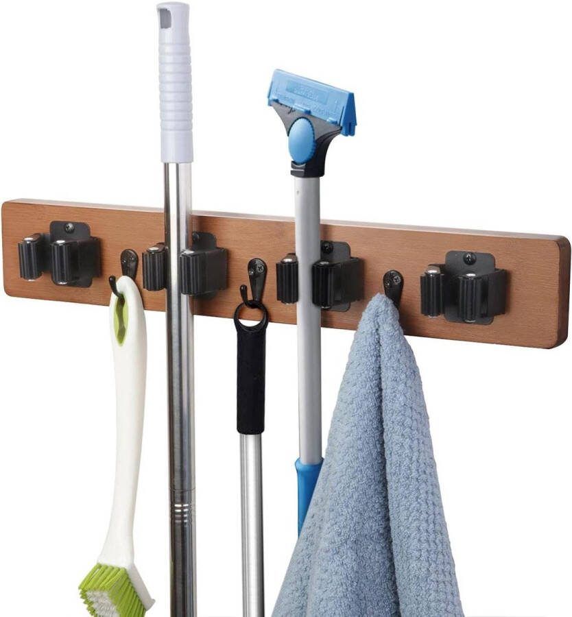Bezemhouder Muurbevestiging Hout Wandmontage Organizer voor Tuin Tool Hark Hanger 4 Rekken 3 Haken Badkamer Keuken Kantoor Kast