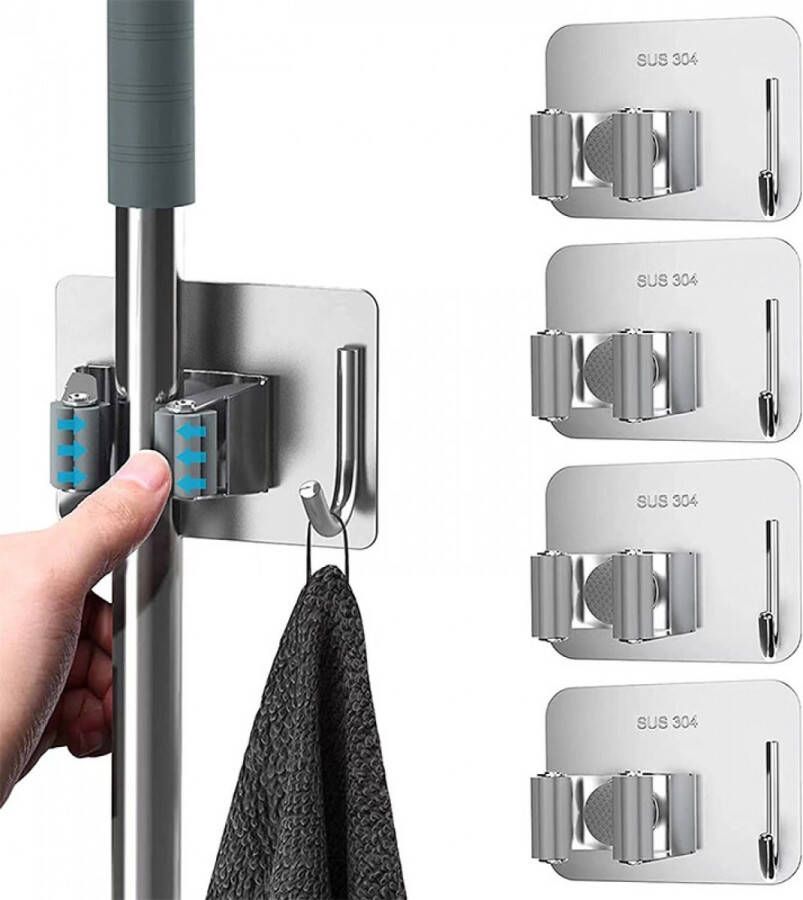 Bezemhouder Ophangsysteem bezem 4 stuks Gereedschapshouder 4 Houders 4 Haken Bezem ophangsysteem Hanger Achter de Deuren Op Muren Zelfklevend Tape voor keuken tuin badkamer garage balkon kantoor grijs