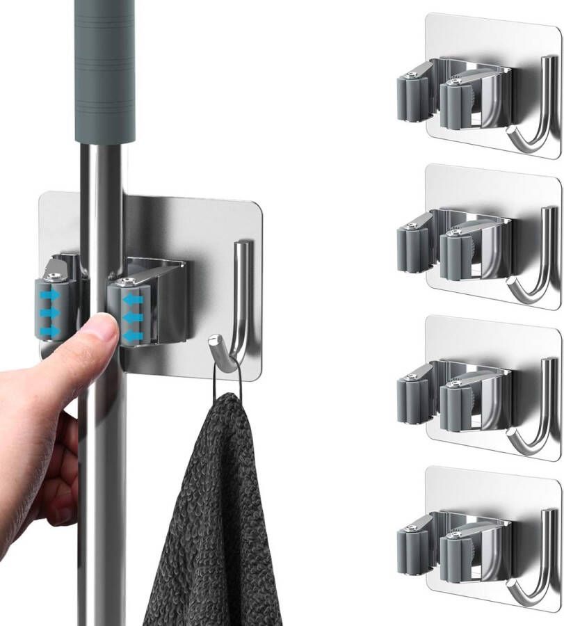 Bezemhouder voor aan de muur zelfklevend 4 stuks bezemhouders afzonderlijke gereedschapshouders met haken zonder boren roestvrij staal dweilhouder bezem lijmen voor keuken badkamer