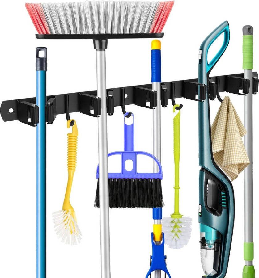 Bezemhouder voor aan de muur zwart voor zware belasting zelfklevend bezemhouder met spijkers installeren bezem mophouder wandhouder zelfklevende gereedschapshouder organizer met 5 houders en 4