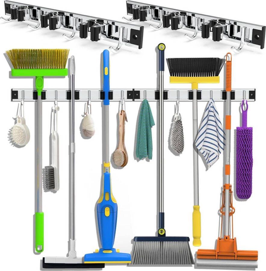 Bezemhouder Wandmontage Roestvrij Staal 2 Pack Borstelhouder Zelfklevend Opslag Tool Rekken 38cm voor Thuis Keuken Tuin Wasserij Garage