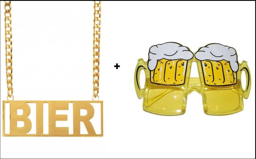 Bier ketting goud + Bril Bierglazen Bier set bier feest apres ski carnaval Oktoberfest ketting festival gele rakker