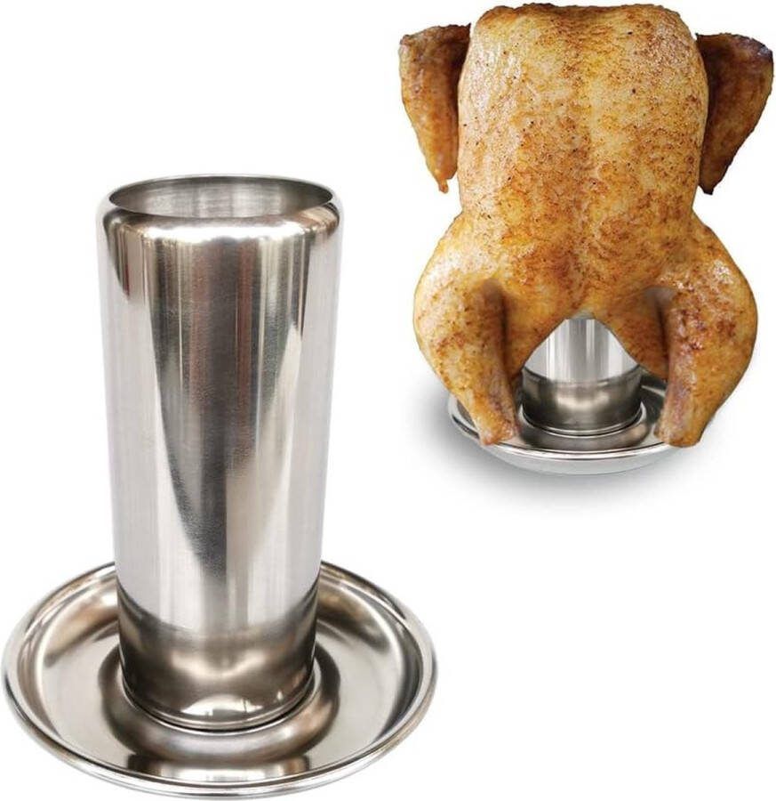 Bierblikjeshouder van roestvrij staal voor grillloven rookoven kippenbrader met opvangschaal kippenstandaard met jerrycan voor knapperige huid en vochtig sappig vlees