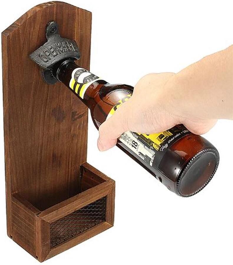 Bieropener met opvangbak Flesopener muur Opener Bier accessoires Muurbevestiging Hout Bruin