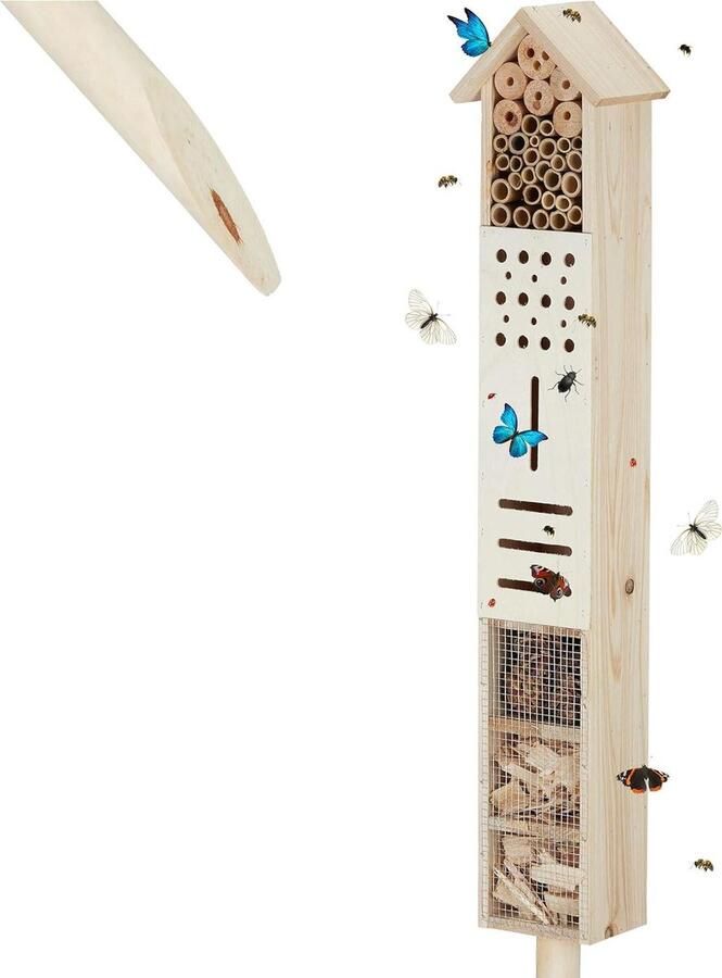 Bijenhotel Grote Staande Wilde Bijen Houten Nesthulptuin 148cm Hoog Naturel 148 x 16 x 11 cm met Grondspijker