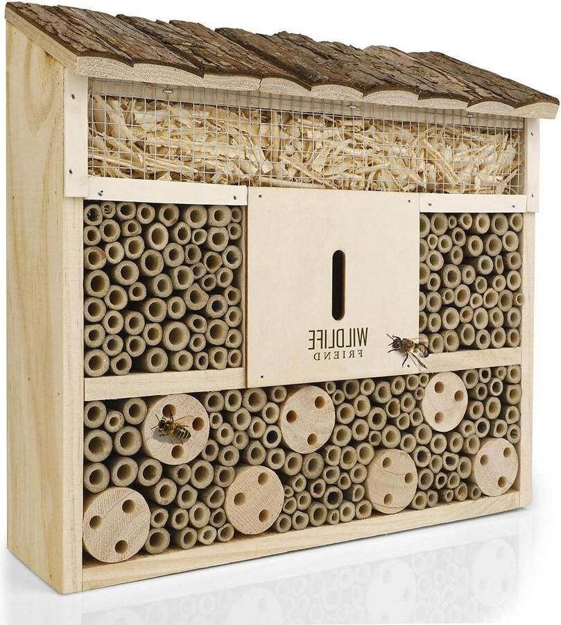Bijenhotel insectenhotel houten dak onbehandeld massief hout bijen lieveheersbeestjes gaasvliegen insectenhuis nesthulp ophangen