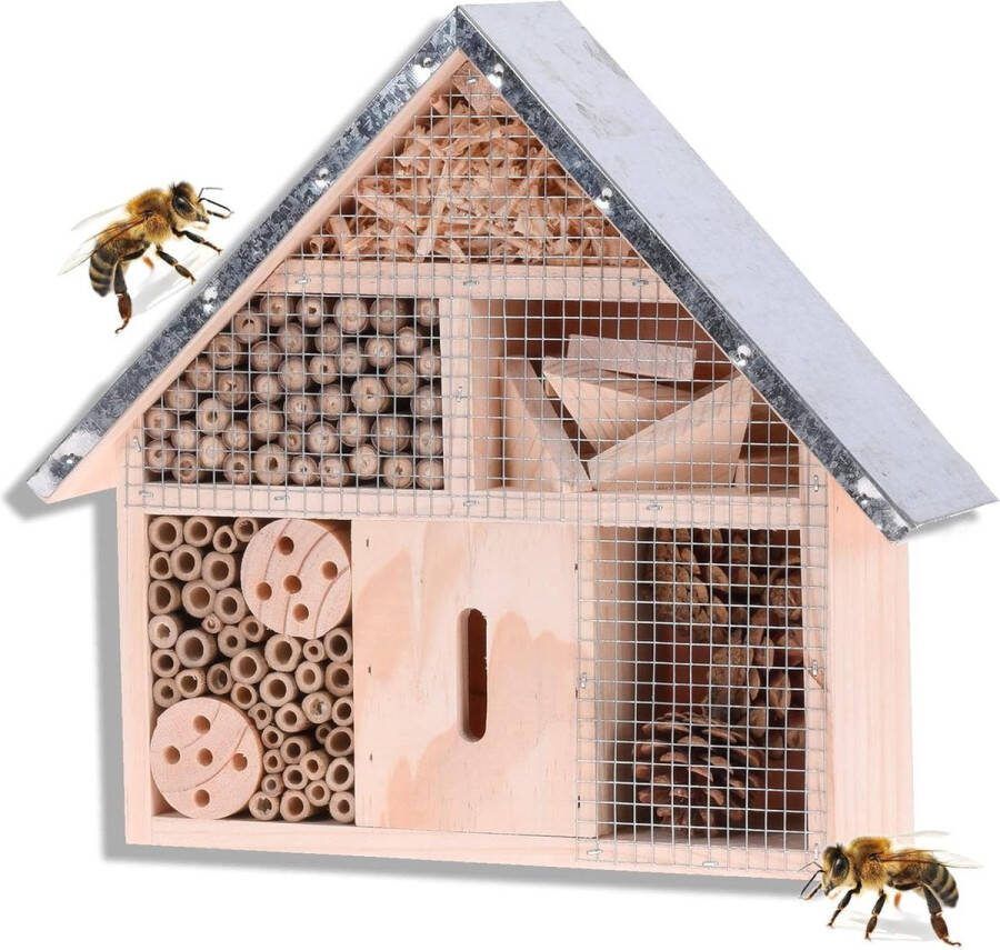 Bijenhotel Stabiel insectenhotel van hout met metalen dak 295 x 88 x 28 cm (l x b x h) voor tuin en erf