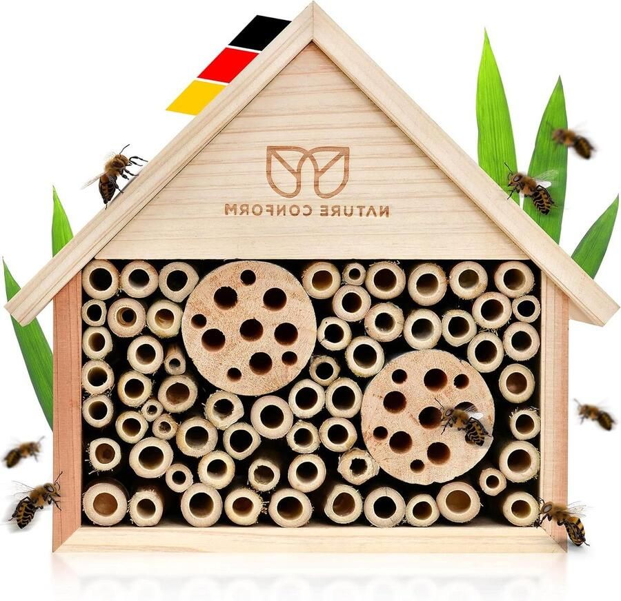Bijenhotel van natuurlijk hout met bamboebuisjes Schone afwerking Nesthulp voor wilde bijen Voor tuin en balkon insectenhotel