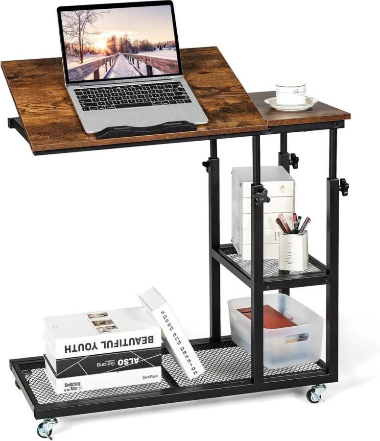 Bijzettafel verstelbaar met wieltjes industriële laptoptafel met 5 planken salontafel in C-vorm houten banktafel voor woonkamer en slaapkamer