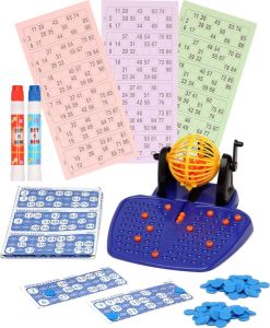 Bingo spel gekleurd oranje complete set nummers 1-90 met molen 148x bingokaarten en 2x stiften Bingospel Bingo spellen Bingomolen met bingokaarten Bingo spelen