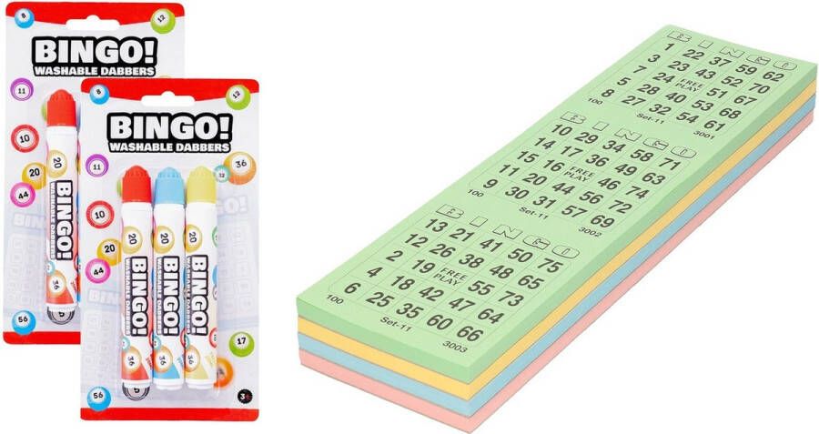 Merkloos Bingokaarten nummers 1-75 100x vellen inclusief 6x bingostiften Actiespellen