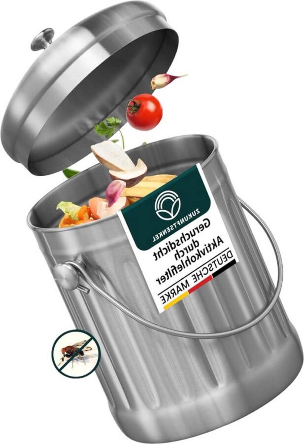 Biologische Vuilnisemmer Zilver 5L Geurdicht Compostemmer Keuken met Extra Filter 8