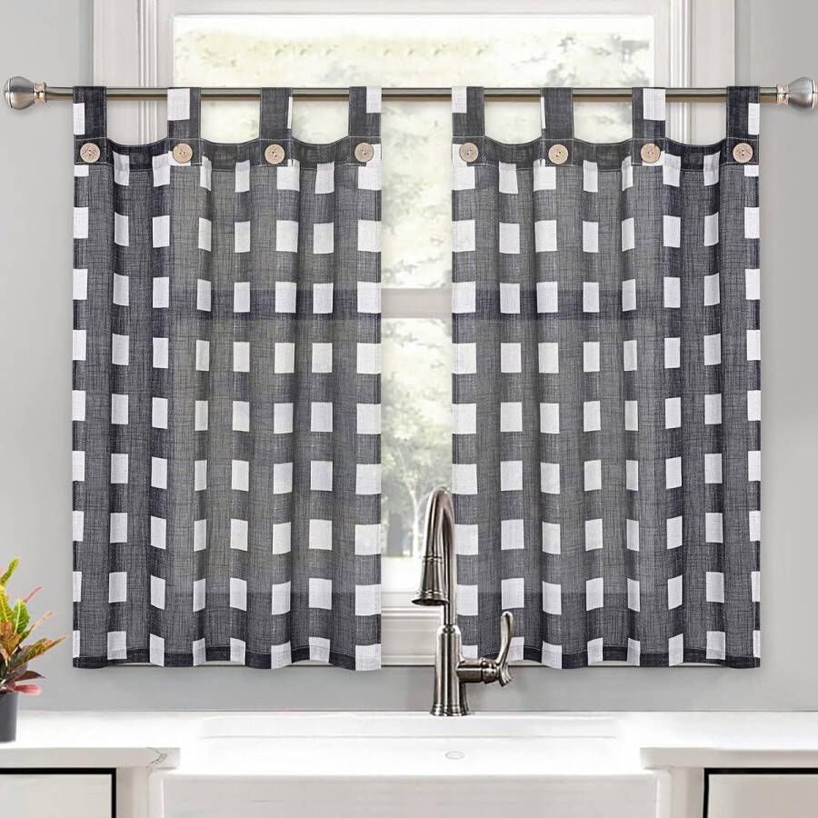 Bistrogordijnen korte paneelgordijnen geruite gordijnen landelijke stijl linnen keukengordijn zwart-wit gordijn voor badkamer B 68 x H 60 cm set van 2