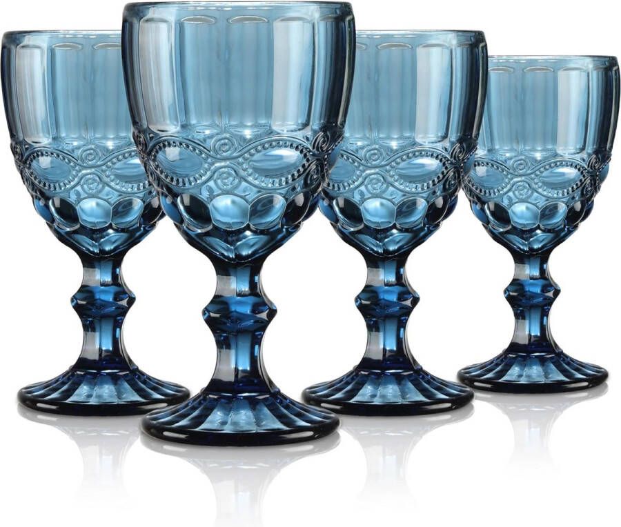 Blauw vintage wijnglas met reliëf gekleurd reliëf rode wijnglas witte wijnglas drinkglas kelkglas wijnglas voor wijn sapdranken 300 ml set van 4 machinebestendig
