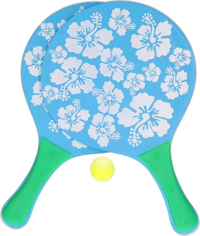 Blauwe beachball set met bloemenprint buitenspeelgoed Houten beachballset Rackets batjes en bal Tennis ballenspel