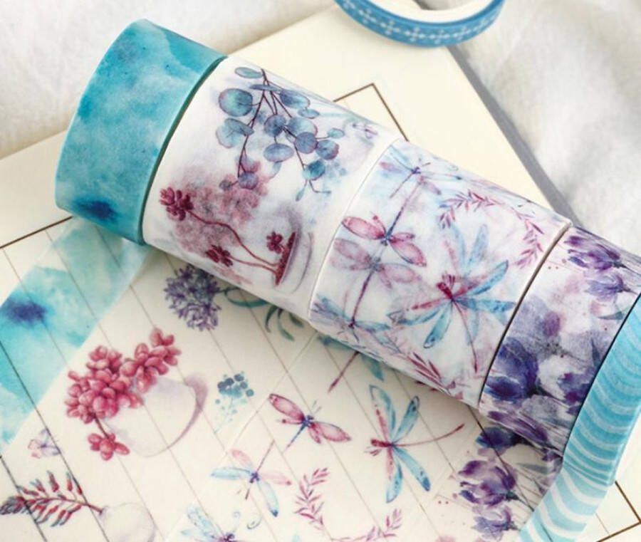 Merkloos Sans marque Blauwe Planten Washi Tape Pakket Doos | Verschillende Washi Tapes | Planten Bloemen Libellen Kamerplanten Veren Blauw Turquoise Paars Dier Patronen Washi Tape | Masking Tape | Bullet Journal | Journalling | Journal | Plakboeken | Inpakken | Versieren