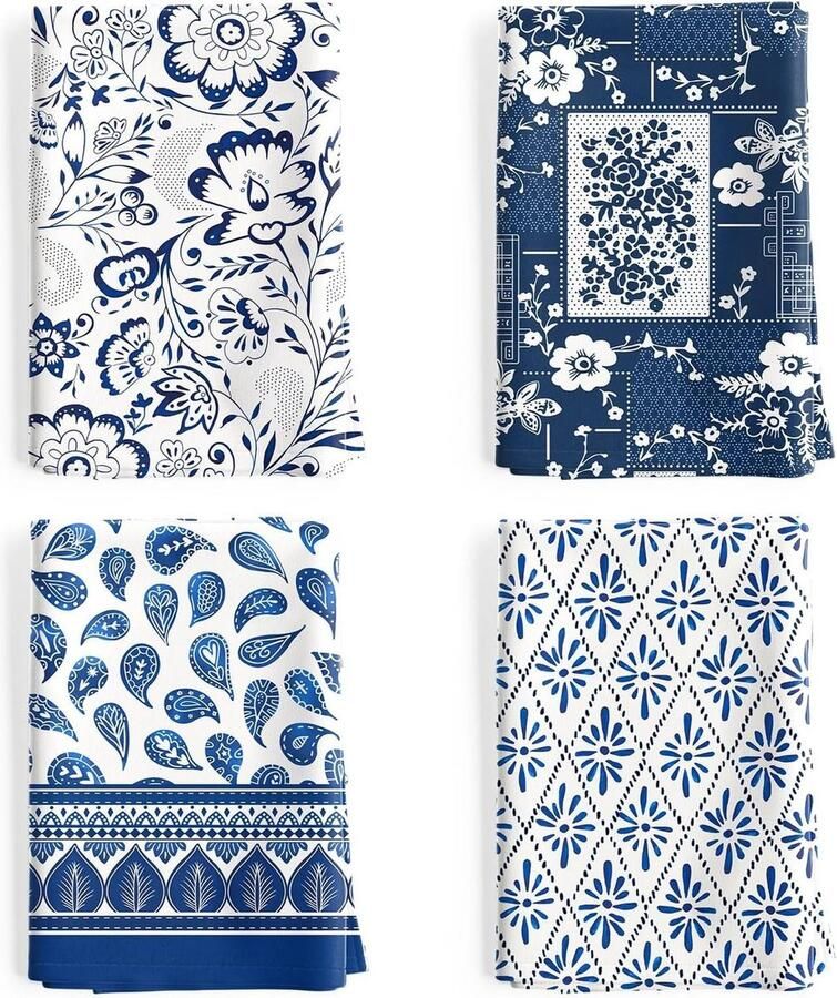 Blauwe retro patroon theedoeken 100% katoen 50x70 cm multifunctioneel sneldrogend keukendoek set vaatdoeken handdoeken bar handdoeken set van 4