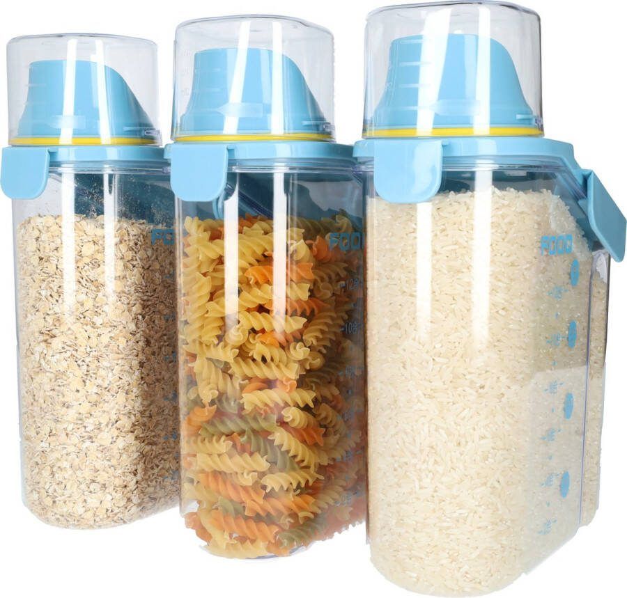 Blauwe voedsel opslagcontainer (3 stuks) met maatbeker! Opslag container 2000ml Voorraadbussen Plastic luchtdichte dispenser BPA vrij! Voedselcontainer voor granen rijst bloem dierenvoeding droogvoeding en meer!