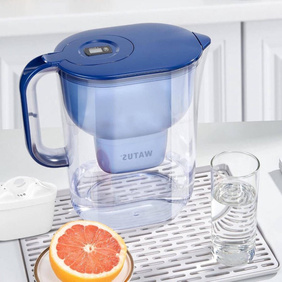 Blauwe waterfilterkan 4 cartridges vermindert kalk chloor lood en koper 38 liter waterfilter
