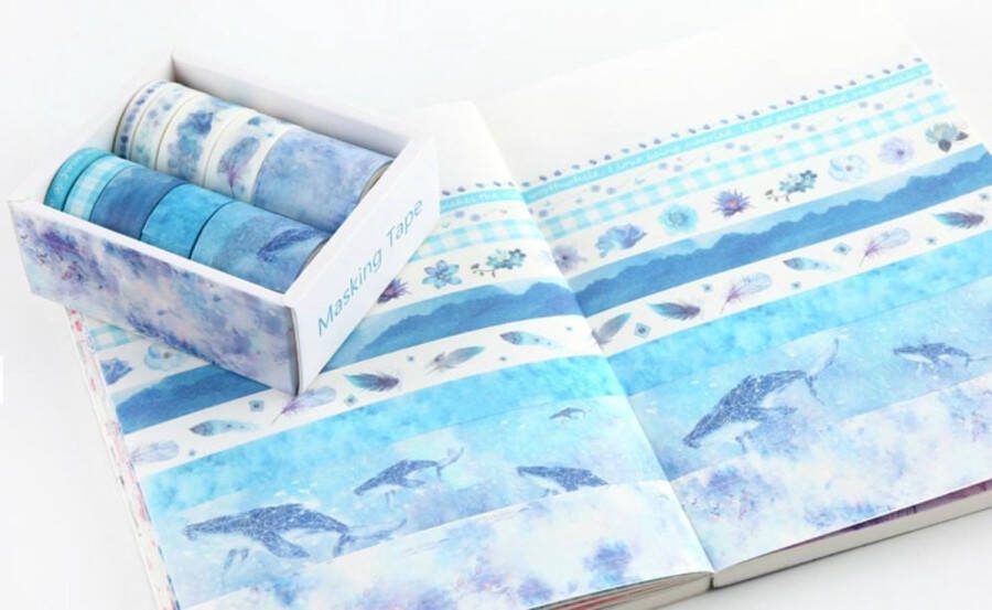 Blauwe Wens Washi Tape Pakket Doos Verschillende Washi Tapes Patronen Walvis Bloemen Veren Vlekken Geruit Washi Tape Masking Tape Decoratietape Markeringstape Bullet Journal Journalling Journal Plakboeken Inpakken Versieren