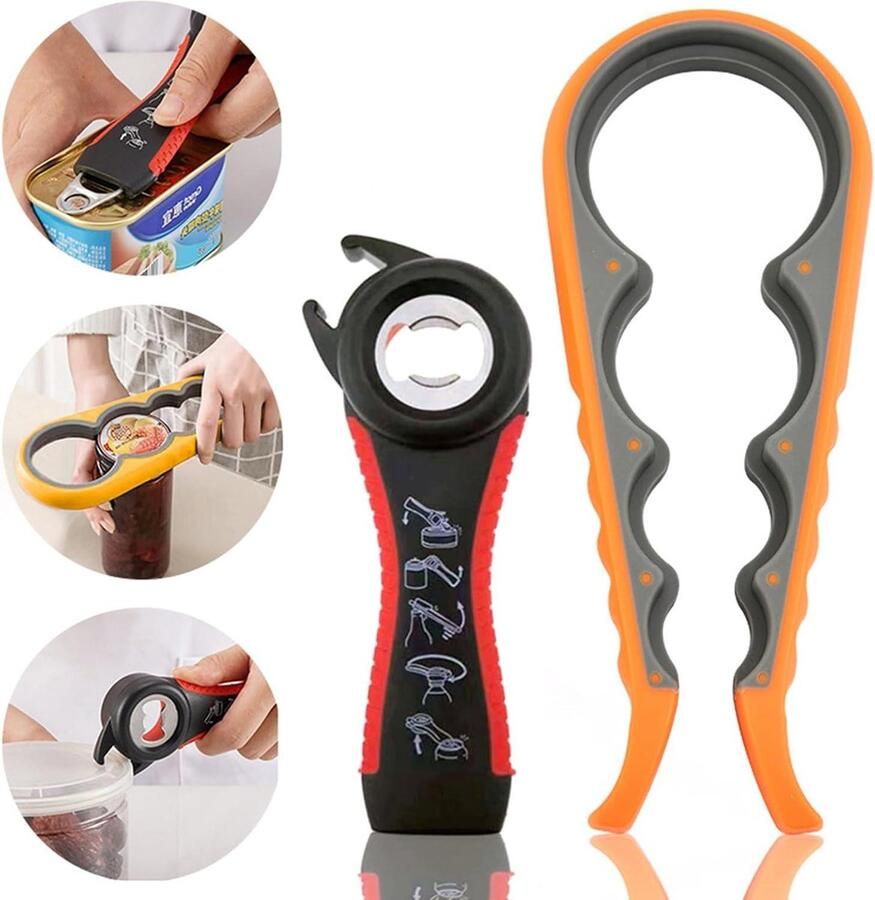 Blikopener flesopener kleurblikopener dekselopener bieropener glasopener schroefdekselopener wand voor senioren twist deksel schroefglazen 5-in-1 anti-slip 2 stuks handigheidje voor in de keuken Blikopener