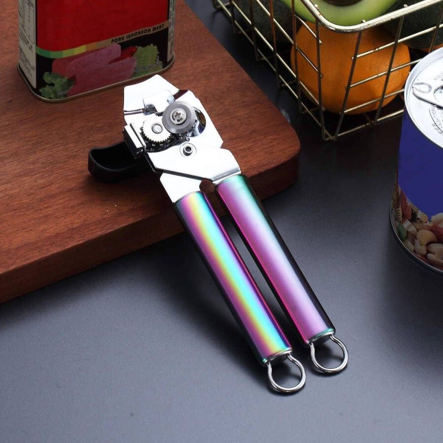 Blikopener van roestvrij staal met regenbooghandgreep blikopener van titanium kleurrijke coating draagbare handmatige blikopener met gladde rand zwaar gebruik