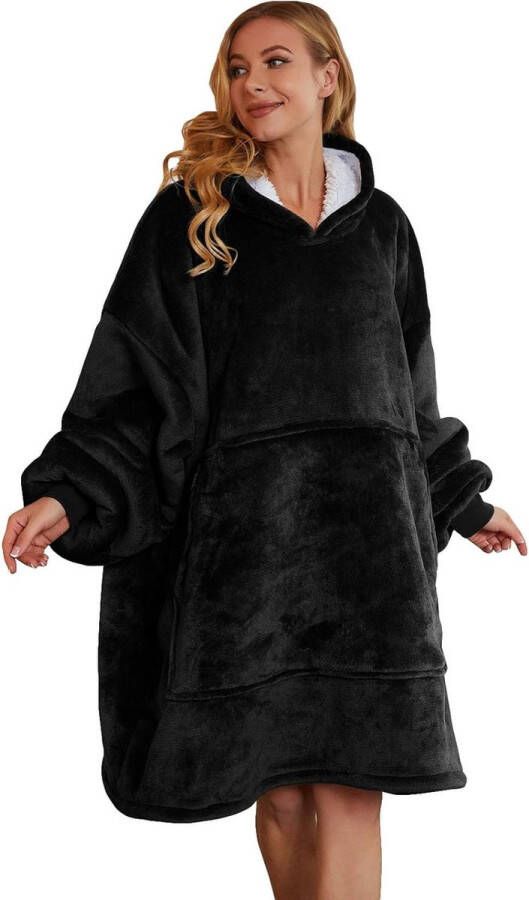 Blivener Oversized sweatshirt deken unisex Sherpa hooded deken draagbare knuffeldeken met mouwen en zak zwart