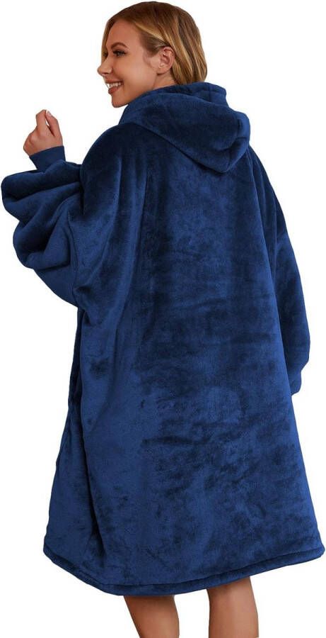 Blivener Oversized sweatshirt deken unisex Sherpa hoodie deken draagbare knuffeldeken met mouwen en zak donkerblauw
