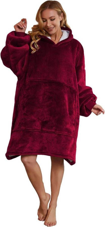 Blivener Oversized sweatshirt deken unisex Sherpa hoodie deken draagbare knuffeldeken met mouwen en zak rood