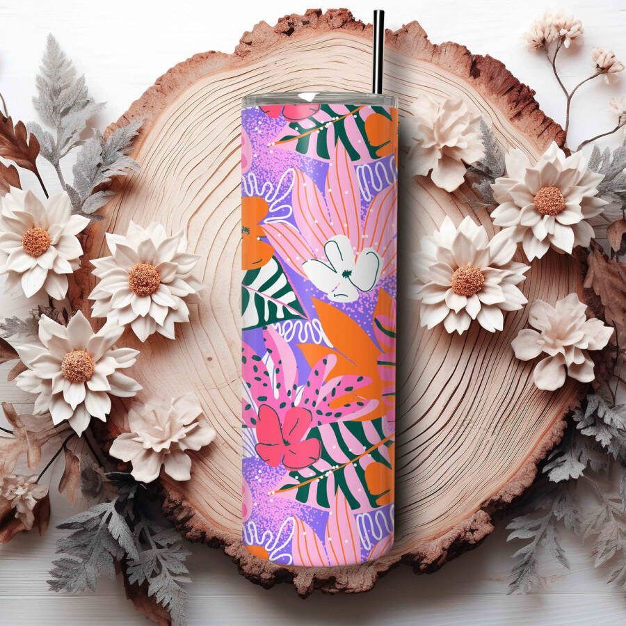 Bloemen print roestvrijstalen tumbler met deksel en rietje drinkbeker handgemaakt dubbelwandige vacuüm geïsoleerde reismok houdt drankjes warm of koud gedurende 6 uur kleurrijk bloemenontwerp voor verfrissing onderweg