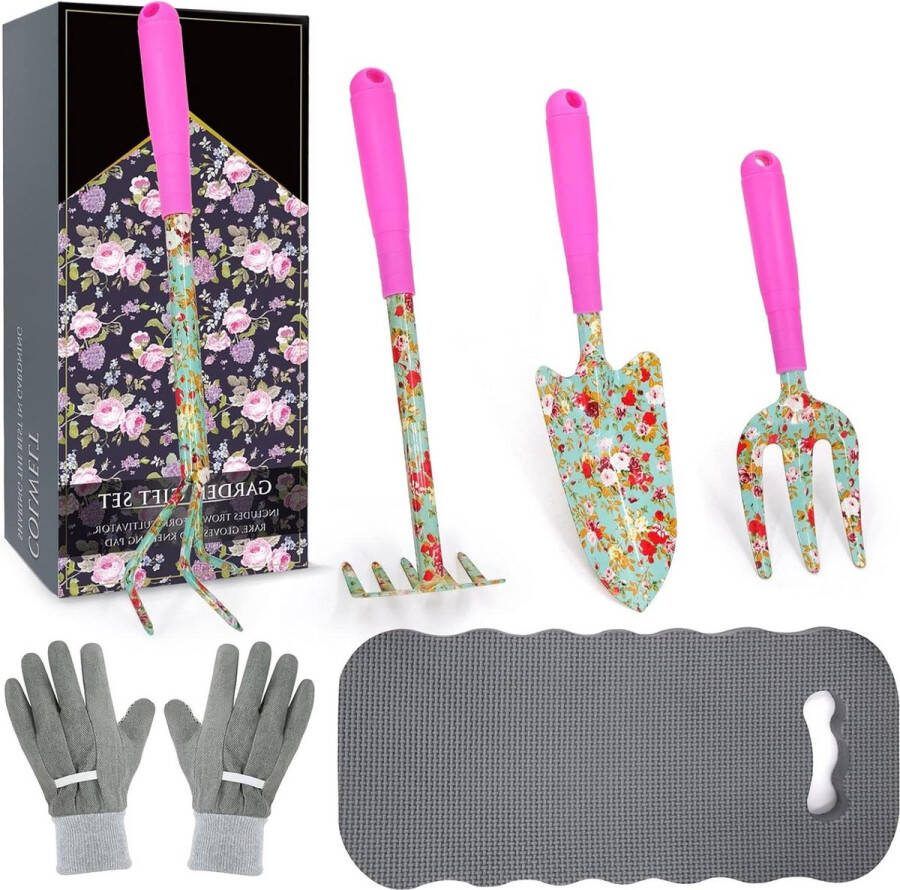 Bloementuingereedschapset 6 stuks met mooie print tuinset voor vrouwen transplantatie troffel vork handhark cultivator tuinhandschoenen knielkussen