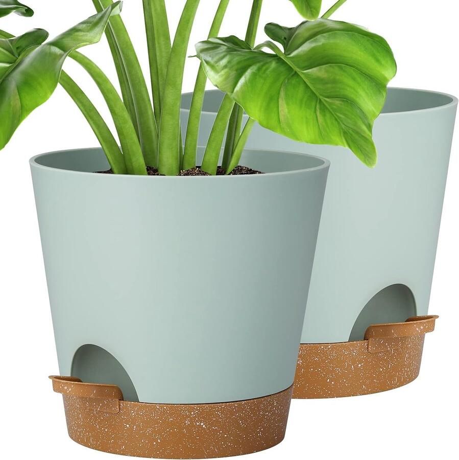 Bloempot 20 3 cm kunststof bloempot met irrigatiesysteem plantenpot set van 2 modern voor binnen en balkon tuin planten vetplanten cactus (groen)