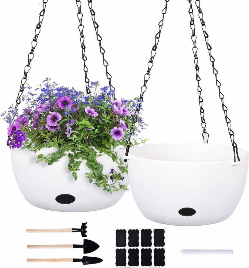 Bloempot hangend set van 2 20 cm zelfbewatering bloemenhangers met kettingen hangende plantenpot plantenhangers om op te hangen voor binnen en buiten balkon plantenbak decoratie (wit)