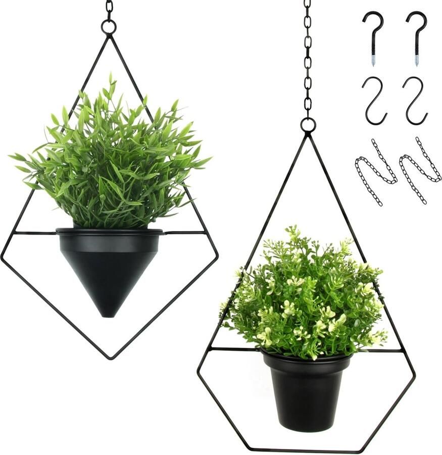 Bloempot hangend zwart set van 2 plantenhangers voor binnen en buiten wanddecoratie metalen hangpotten voor planten met haak en kettingverlenging