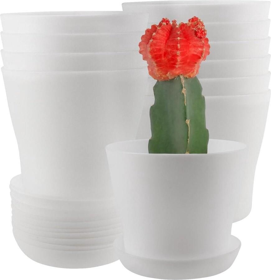 Set van 10 stuks kunststof bloempotten met onderzetter klein formaat wit 9.5 cm voor vetplanten cactussen binnen en balkon Bloempot