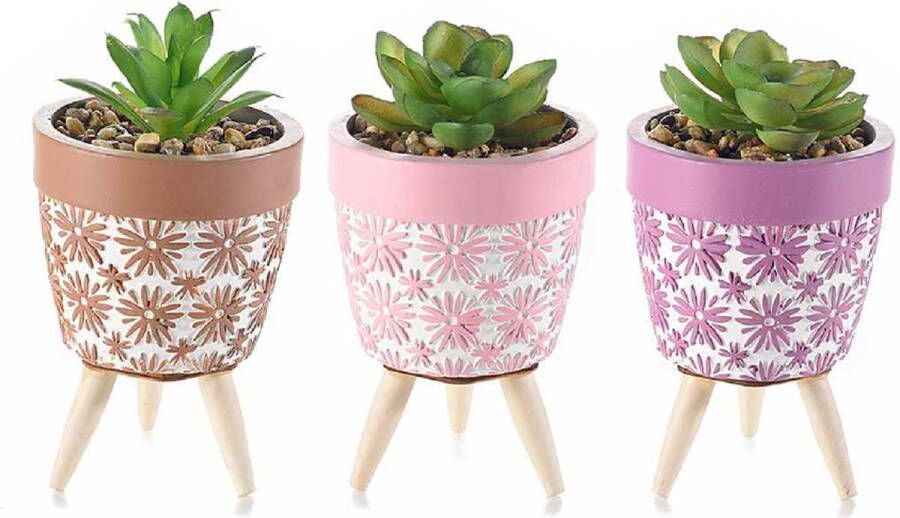 Smeba Bloempot met Kunstplanten Set 3 stuks Ø 7 5 cm 13 5 cm hoog Vetplant Bruin Roze Paars